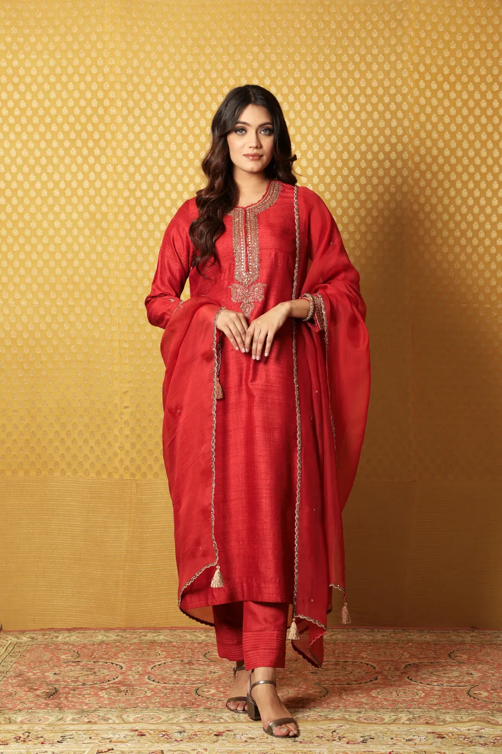 Hand-Embroidered Aurora-Red Pure Tussar-Georgette Kurta-Pants Set