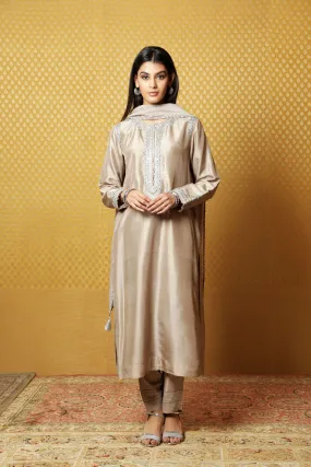 Hand-Embroidered Beige-Grey Pure Metallic-Silk Kurta-Pants Set