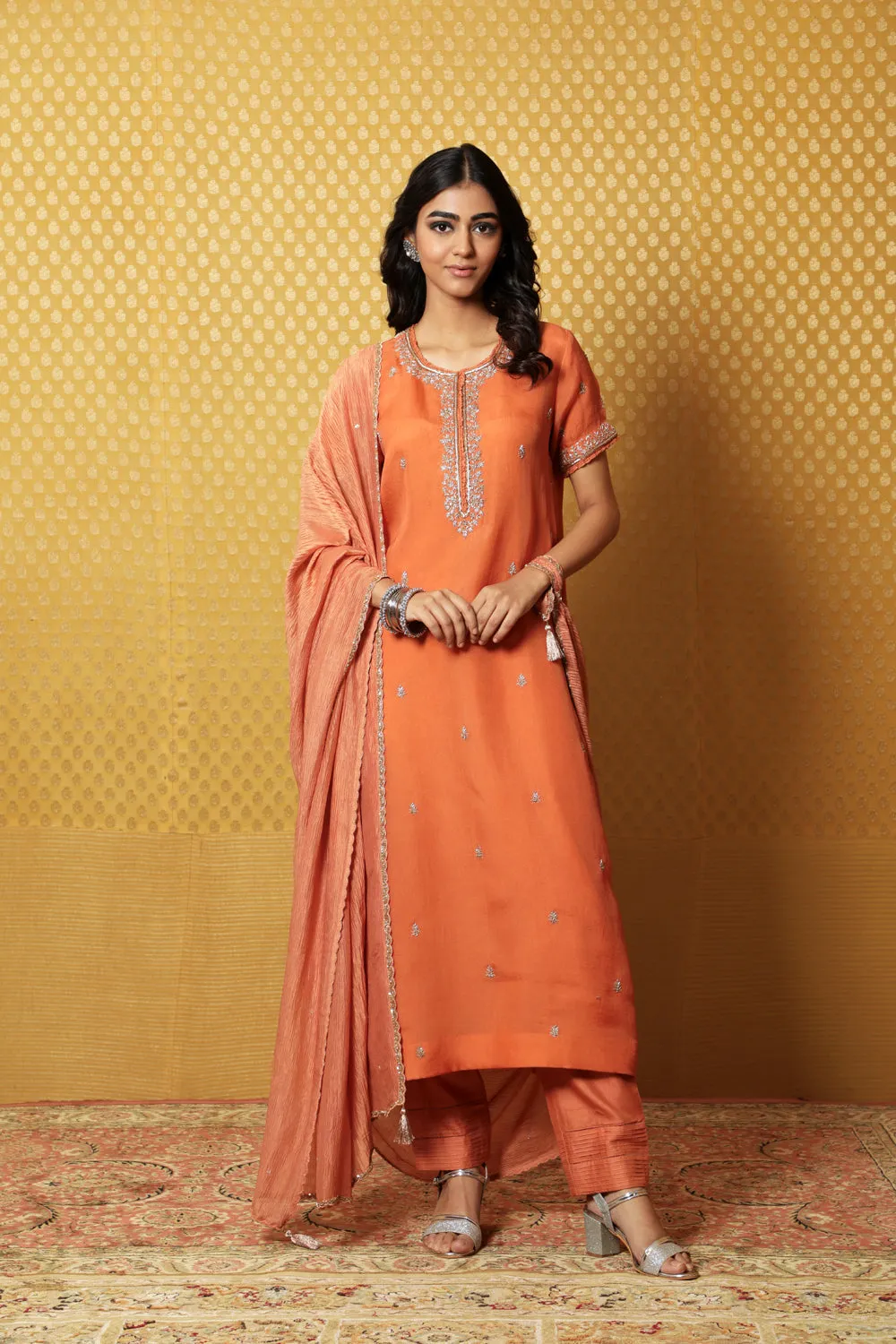 Hand-Embroidered Dusty-Orange Pure Silk- Organza Kurta-Pants Set