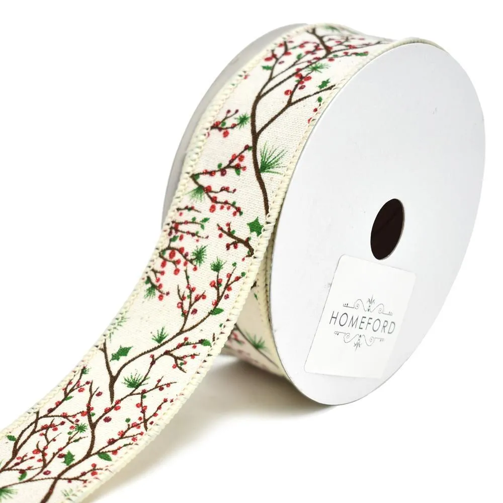 Holly Berry Branch Printed Wired Christmas Ribbon, 10-Yard