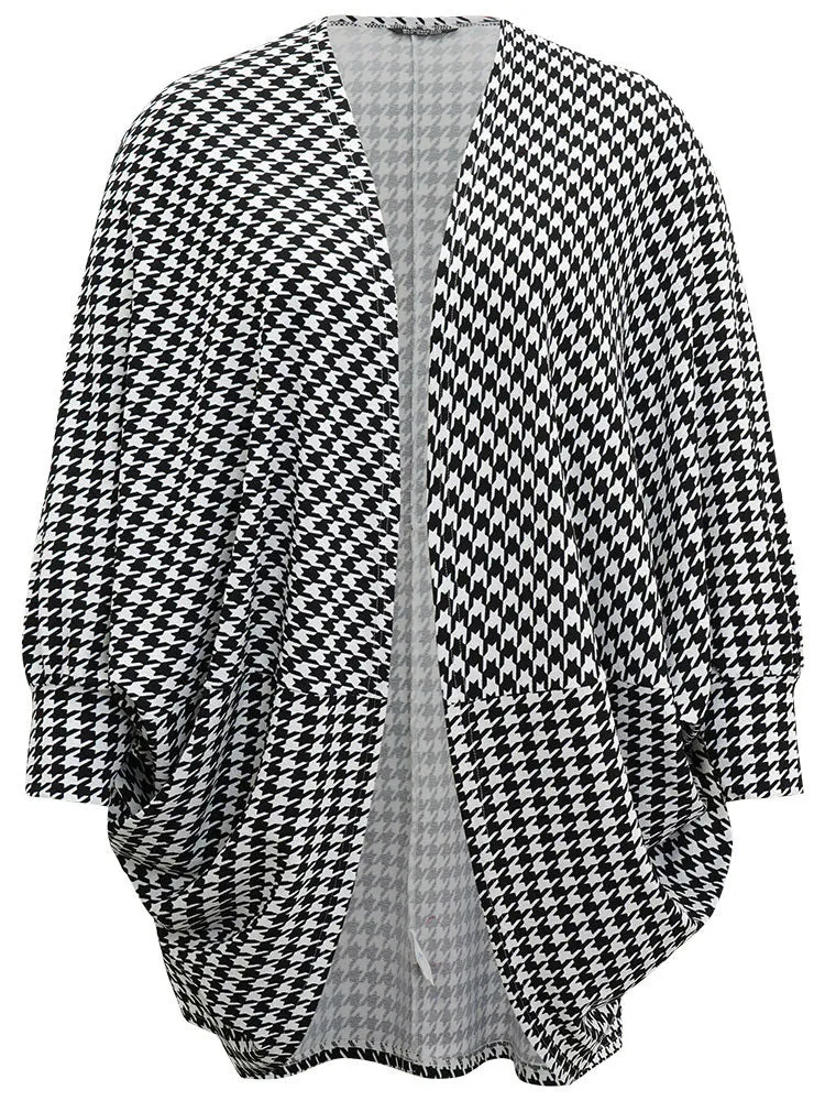 Houndstooth Asymmetrical Hem Dolman Sleeve Kimono