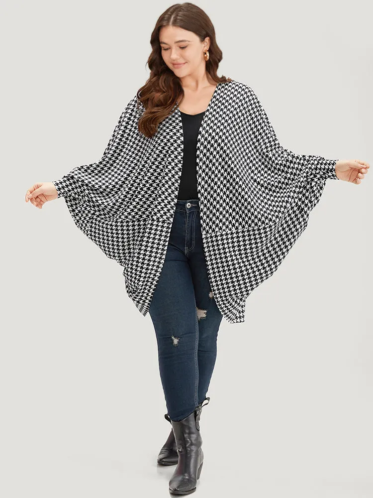 Houndstooth Asymmetrical Hem Dolman Sleeve Kimono