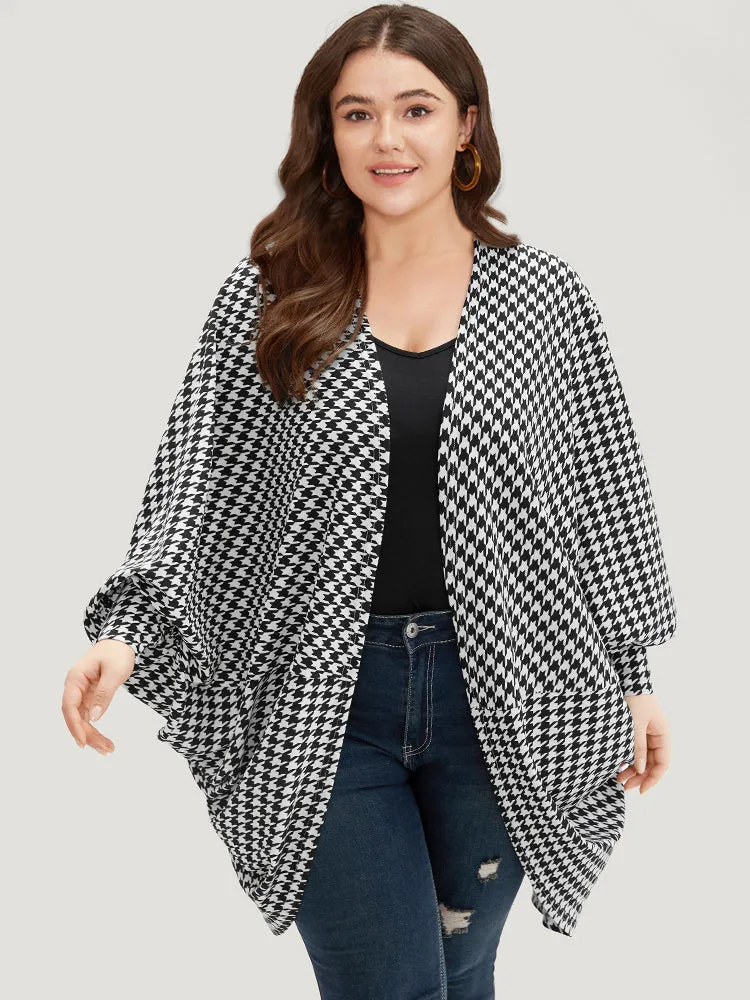 Houndstooth Asymmetrical Hem Dolman Sleeve Kimono