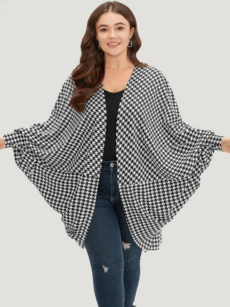 Houndstooth Asymmetrical Hem Dolman Sleeve Kimono