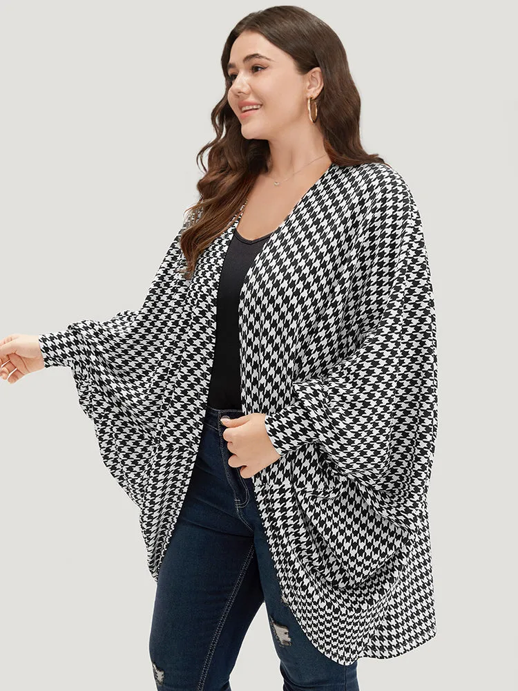 Houndstooth Asymmetrical Hem Dolman Sleeve Kimono