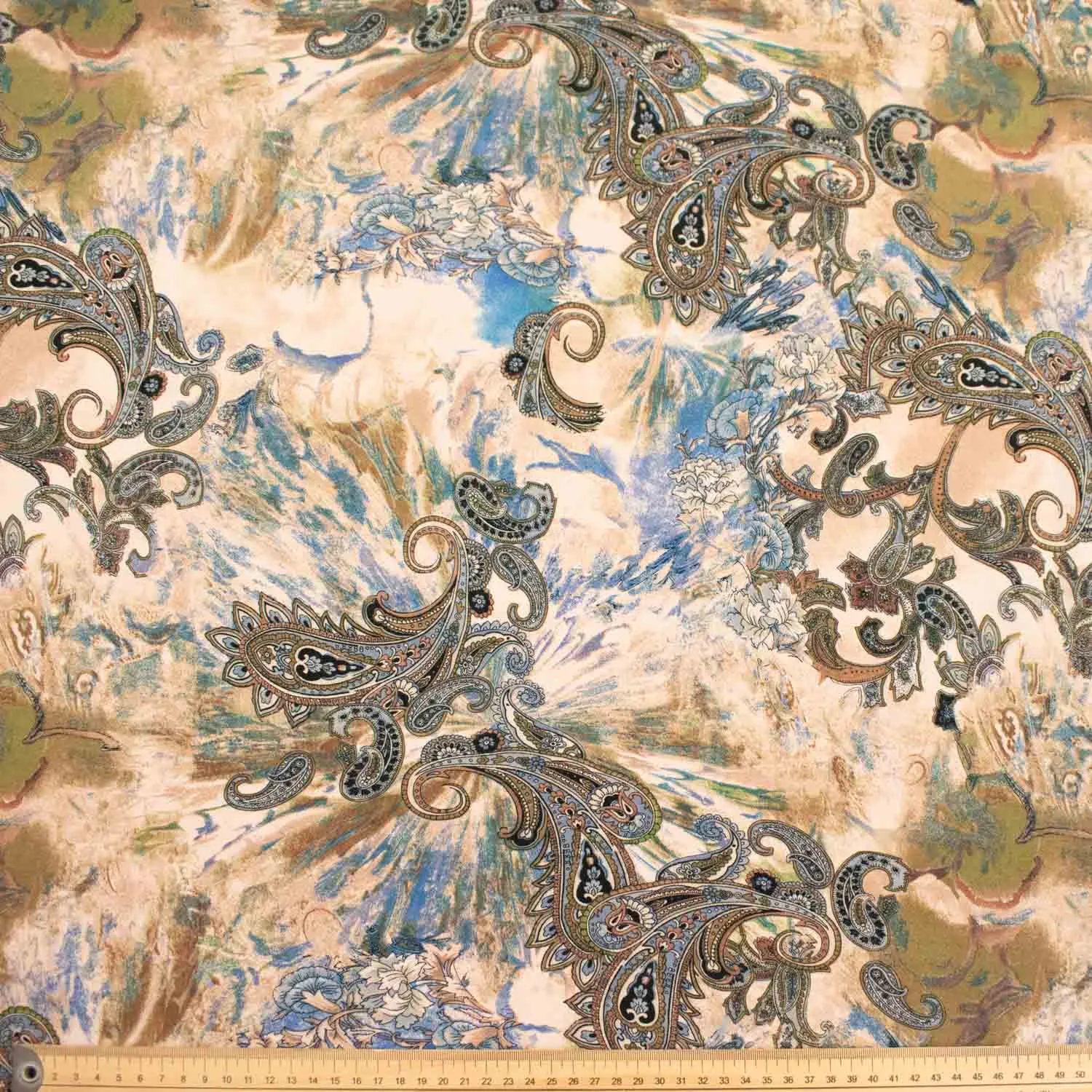 Ice Wash Crepe Prints Design-688 Silver Paisley on Beige