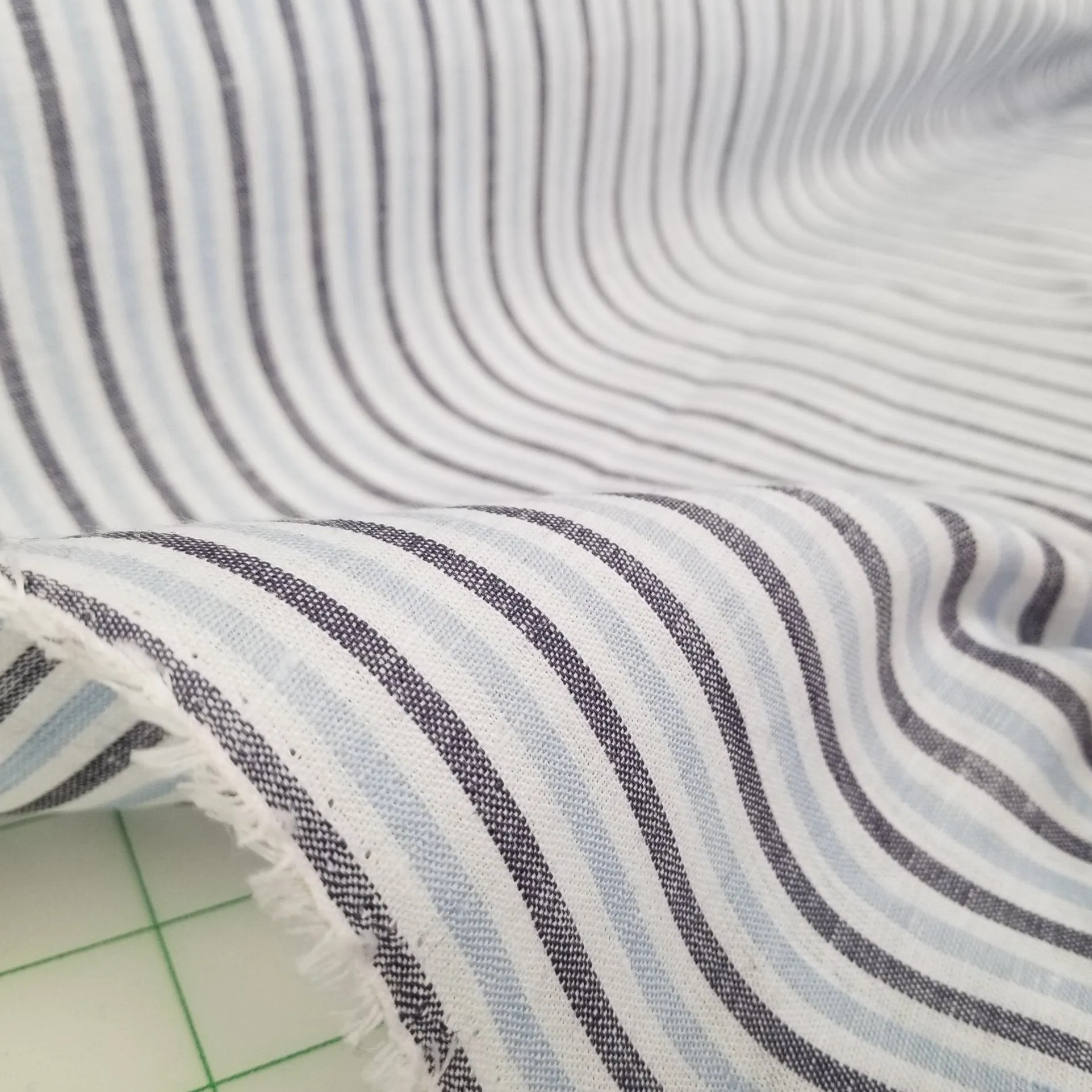 Irish Linen White and Baby Blue Vertical Stripe Spence Bryson Woven 150GSM- by the yard