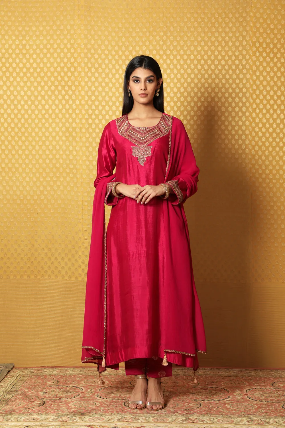 Jazzy-Pink Hand-Embroidered Pure Silk A-Line Kurta-Pants Set