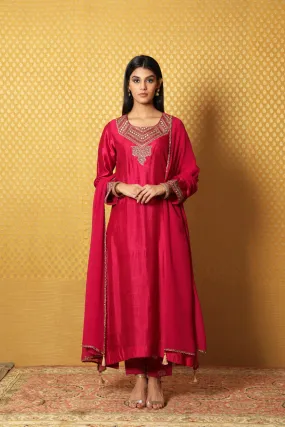 Jazzy-Pink Hand-Embroidered Pure Silk A-Line Kurta-Pants Set