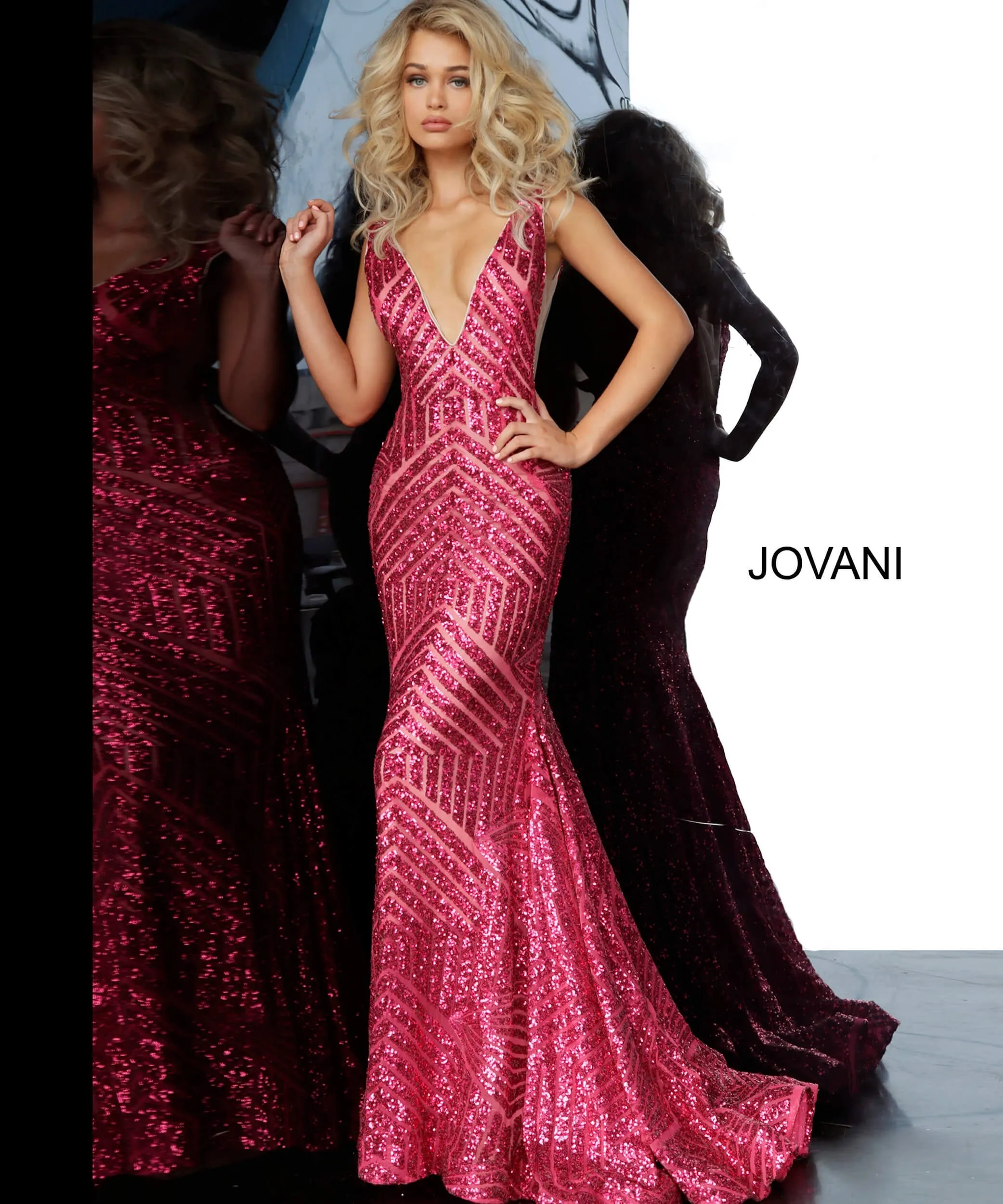 Jovani 59762 Size 4 Iridescent TEAL Sequin Embellished Mermaid Prom Dress Pageant Gown plunging neckline