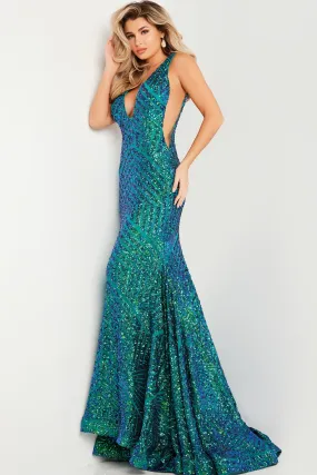 Jovani 59762 Size 4 Iridescent TEAL Sequin Embellished Mermaid Prom Dress Pageant Gown plunging neckline