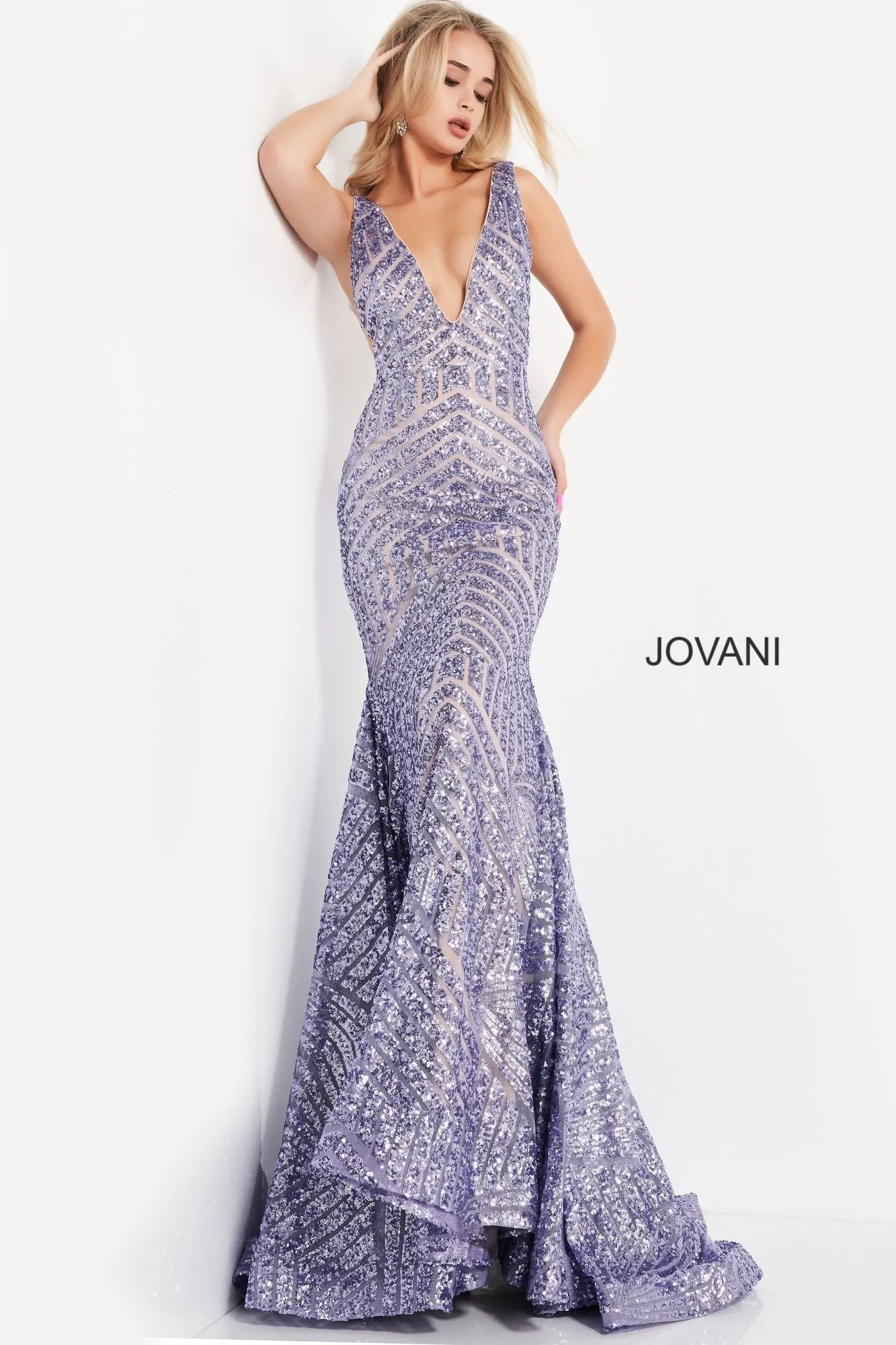 Jovani 59762 Size 4 Iridescent TEAL Sequin Embellished Mermaid Prom Dress Pageant Gown plunging neckline