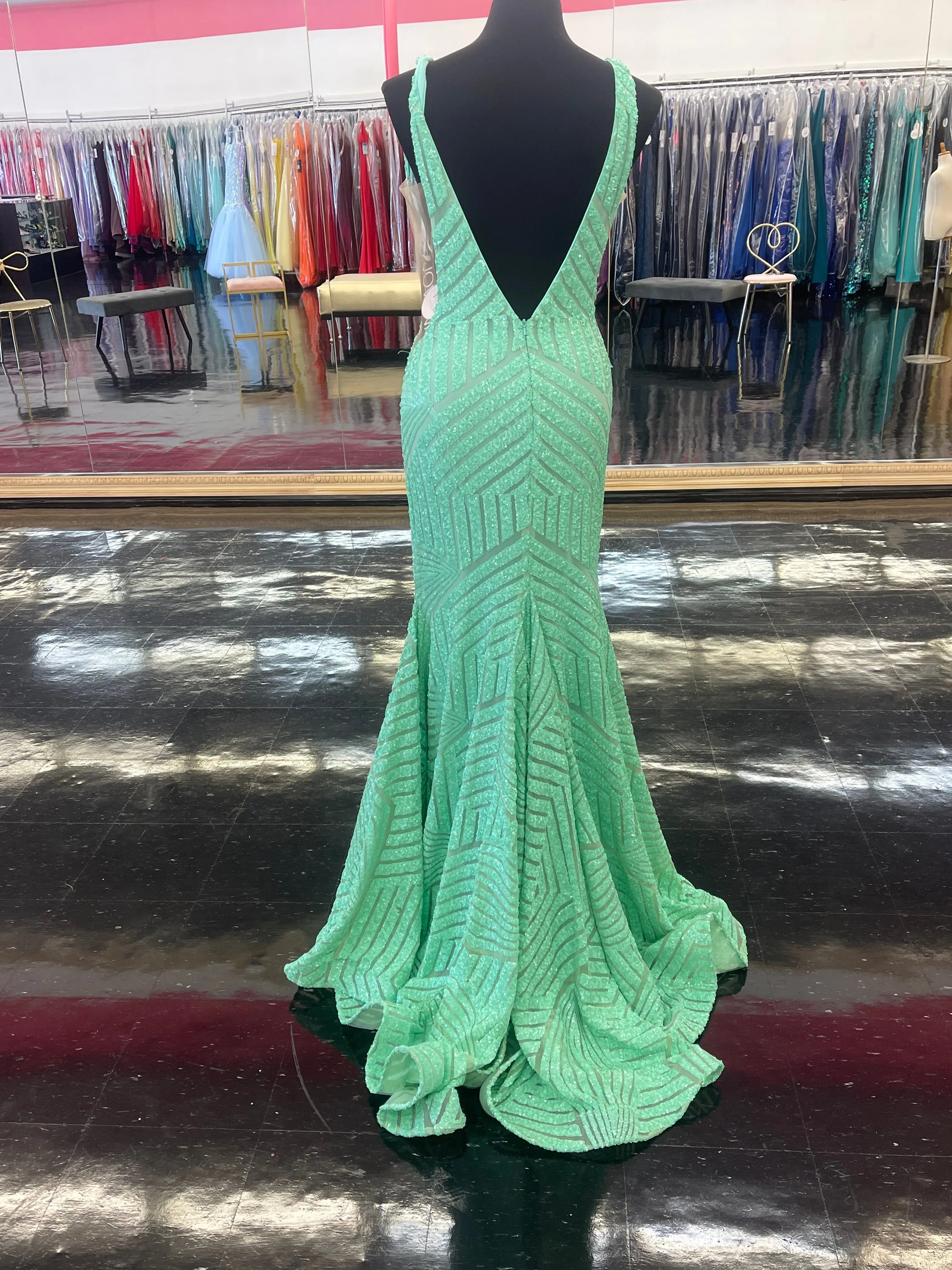 Jovani 59762 Size 4 Iridescent TEAL Sequin Embellished Mermaid Prom Dress Pageant Gown plunging neckline