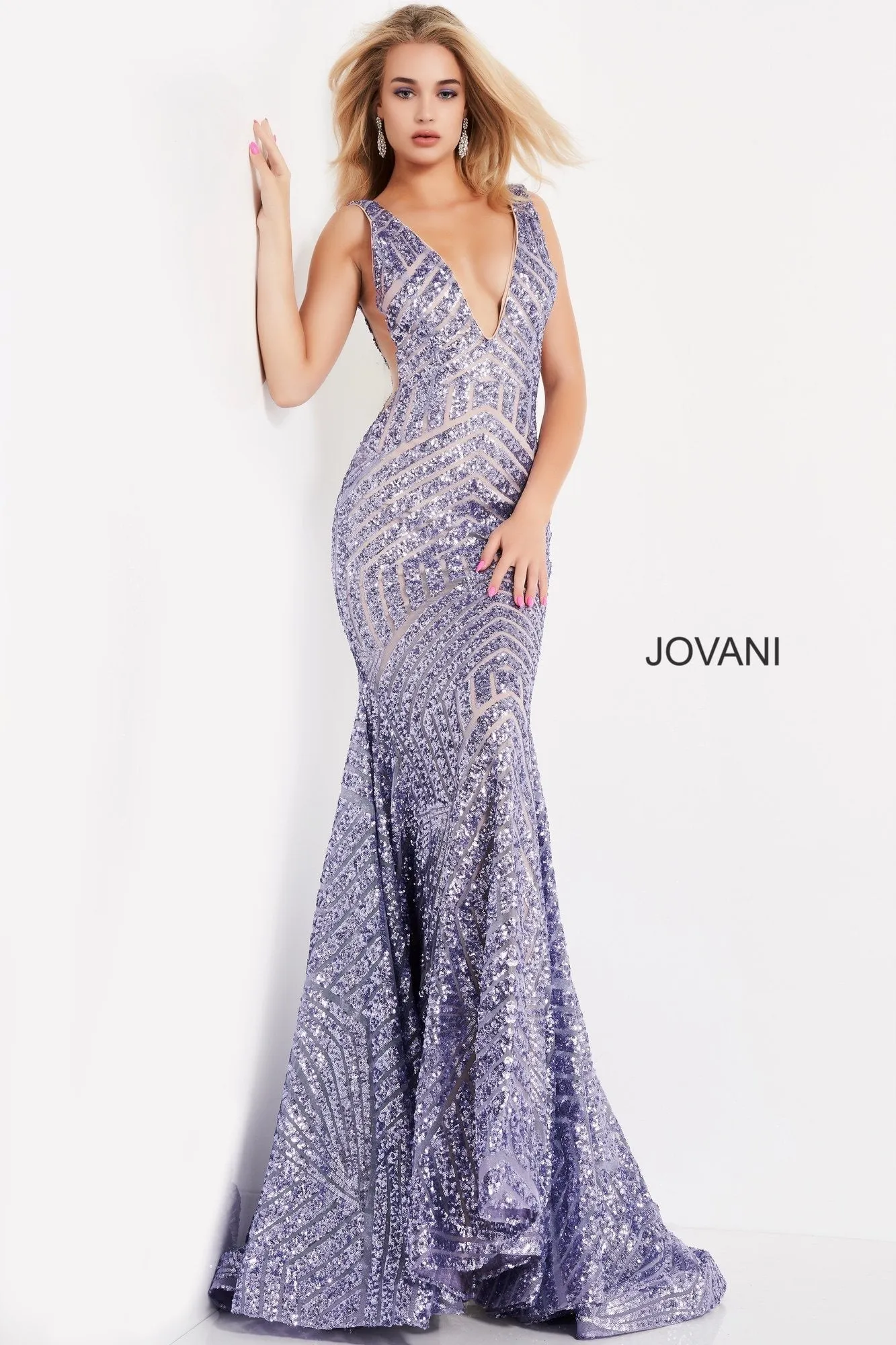 Jovani 59762 Size 4 Iridescent TEAL Sequin Embellished Mermaid Prom Dress Pageant Gown plunging neckline