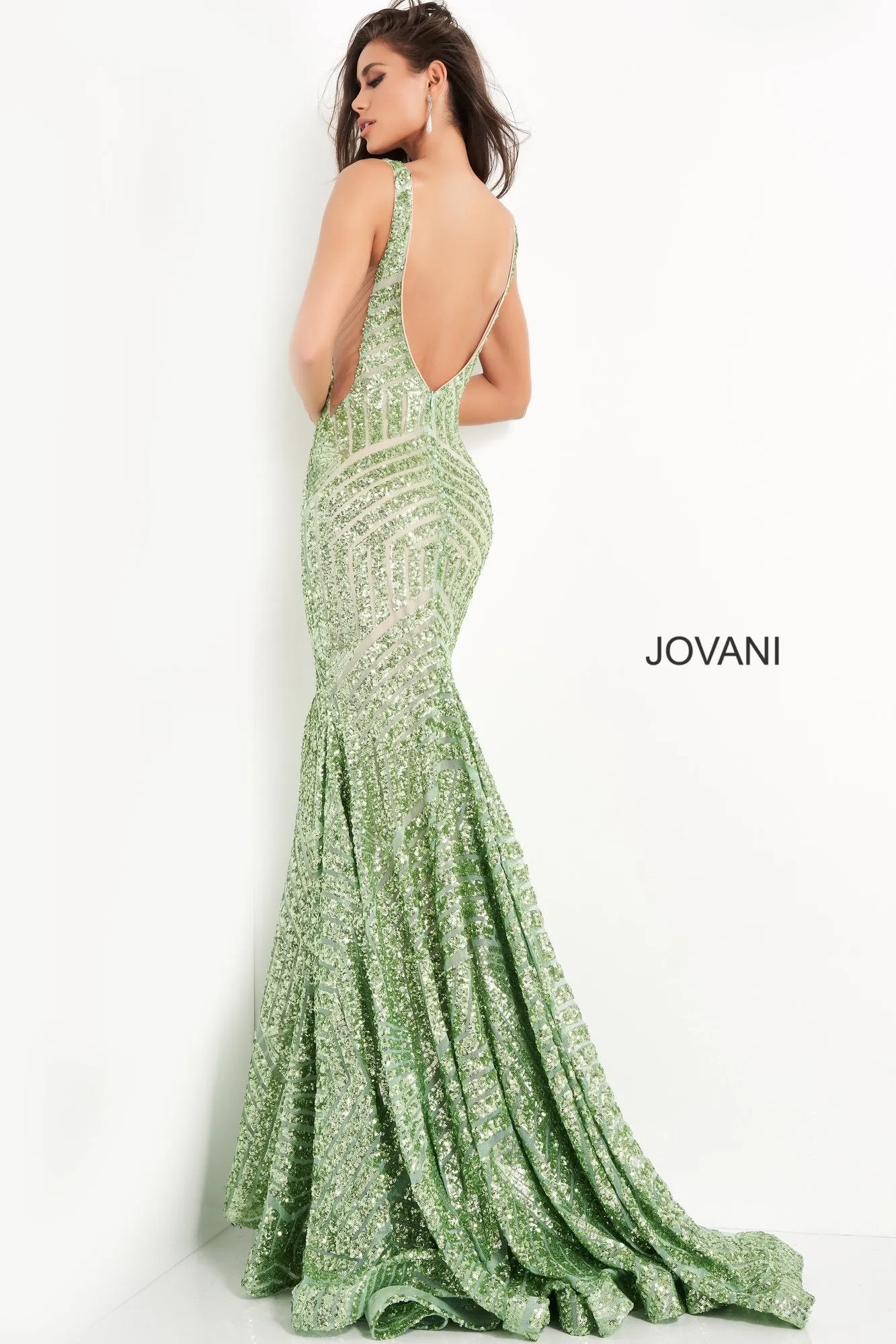 Jovani 59762 Size 4 Iridescent TEAL Sequin Embellished Mermaid Prom Dress Pageant Gown plunging neckline