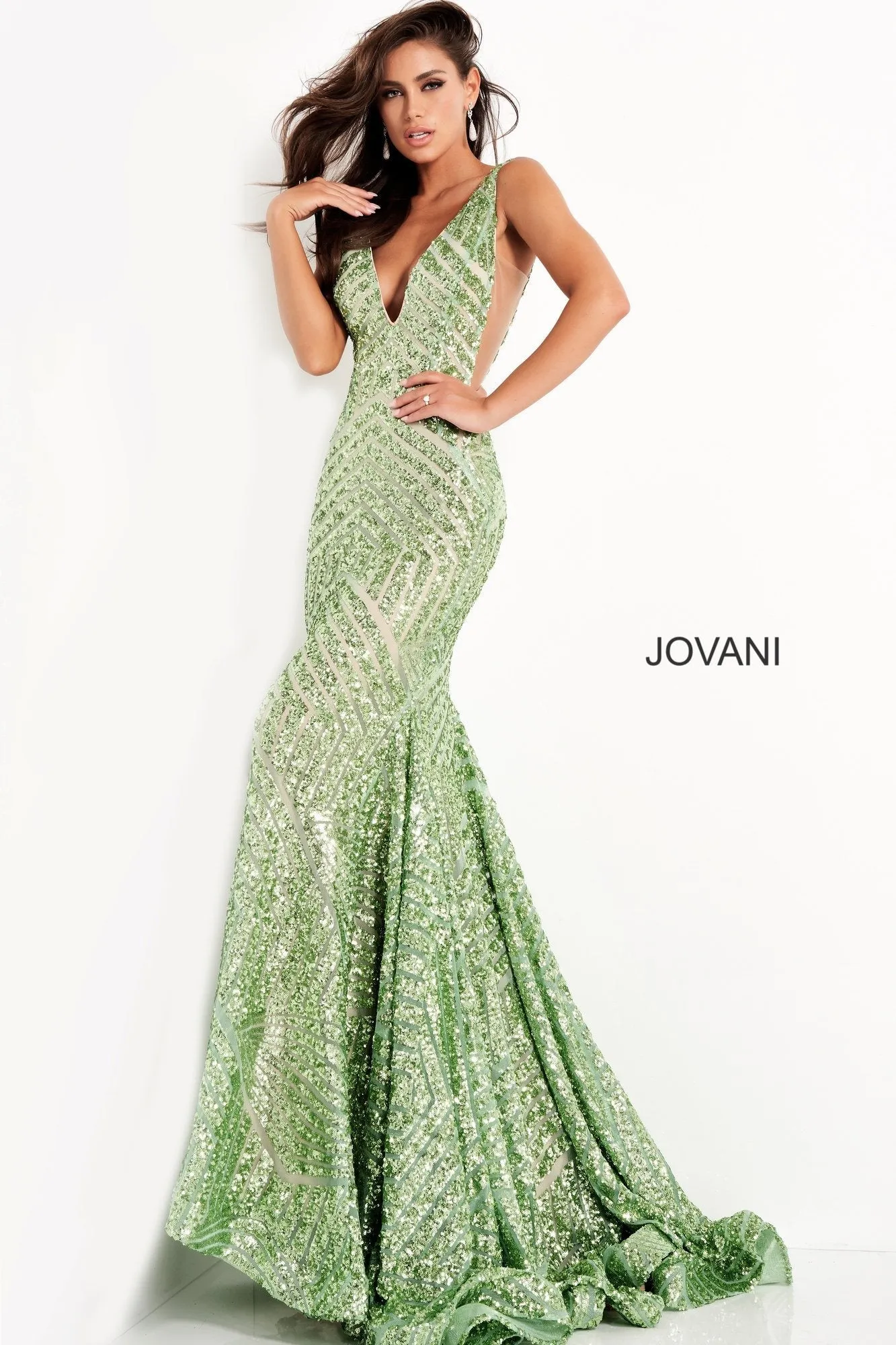 Jovani 59762 Size 4 Iridescent TEAL Sequin Embellished Mermaid Prom Dress Pageant Gown plunging neckline