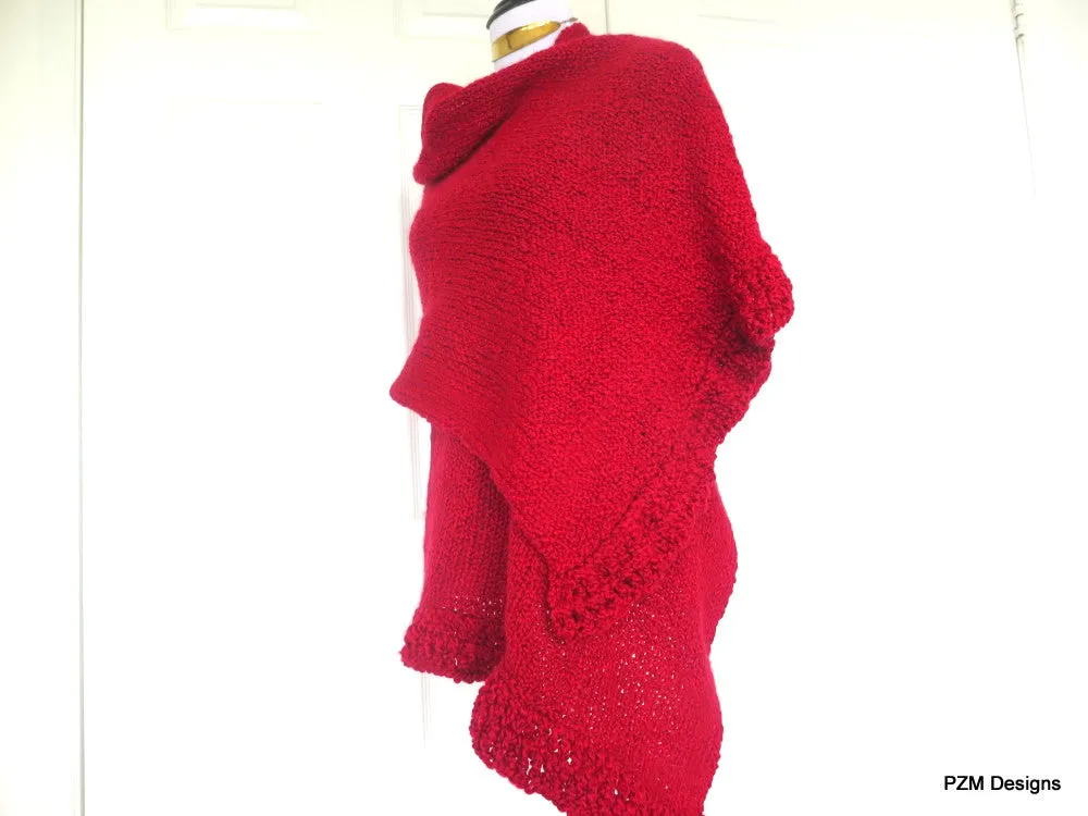 Large Red Knit Shawl, Evening Wrap Gift For Her