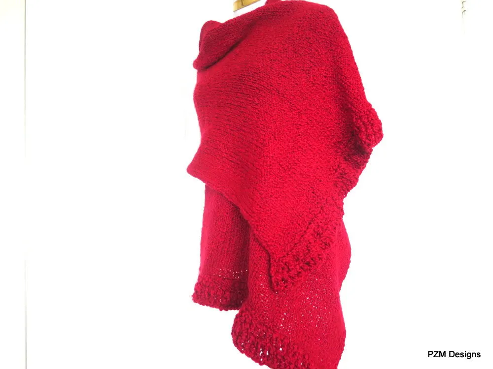 Large Red Knit Shawl, Evening Wrap Gift For Her