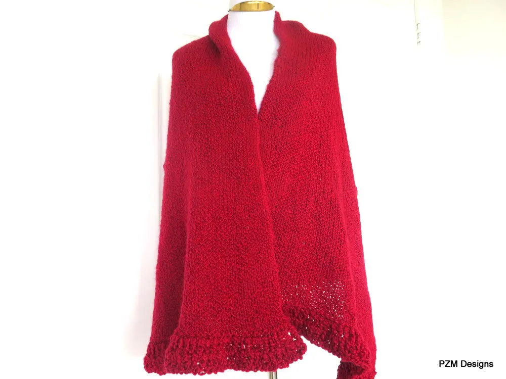 Large Red Knit Shawl, Evening Wrap Gift For Her