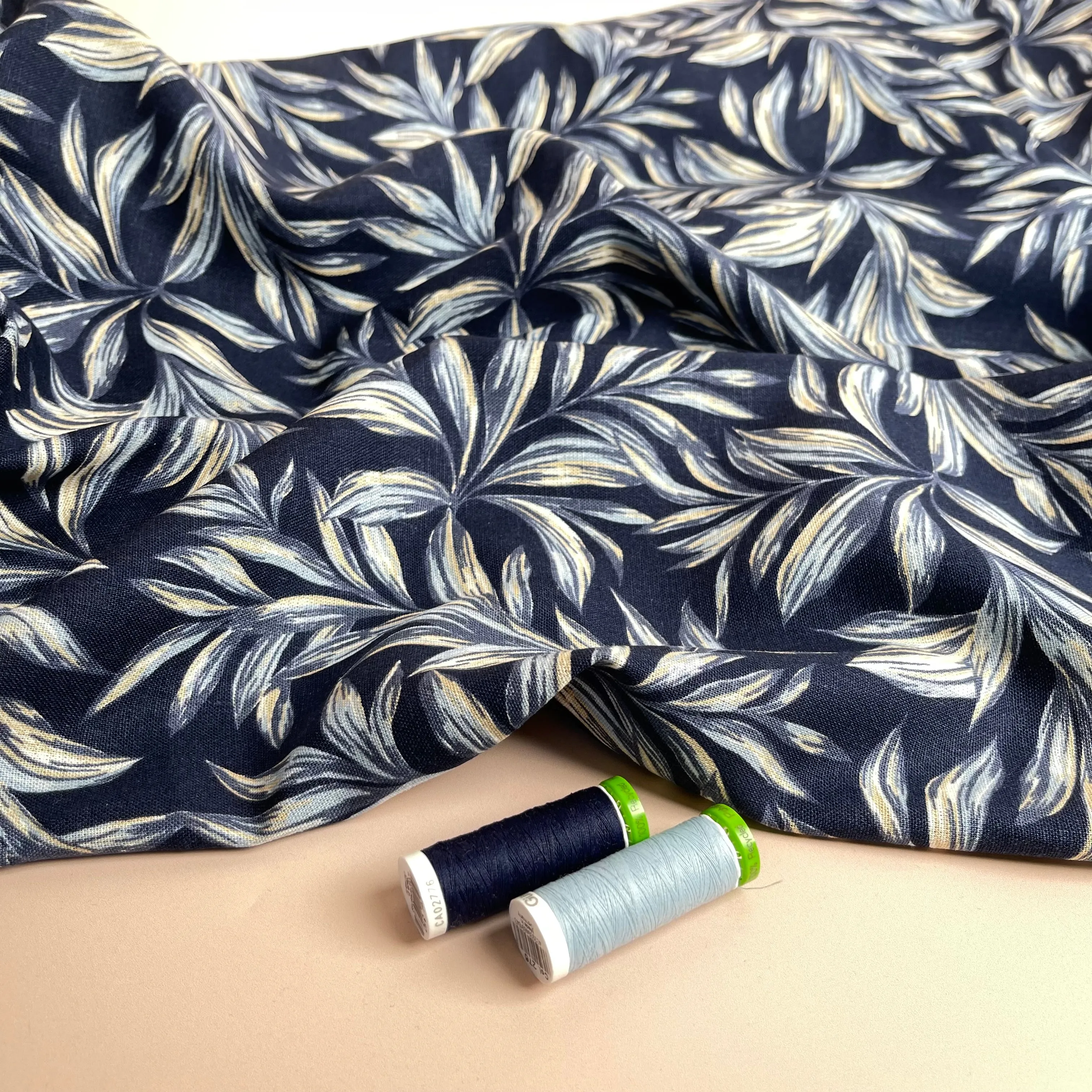 Leaves on Navy Washed Linen Viscose Blend Fabric