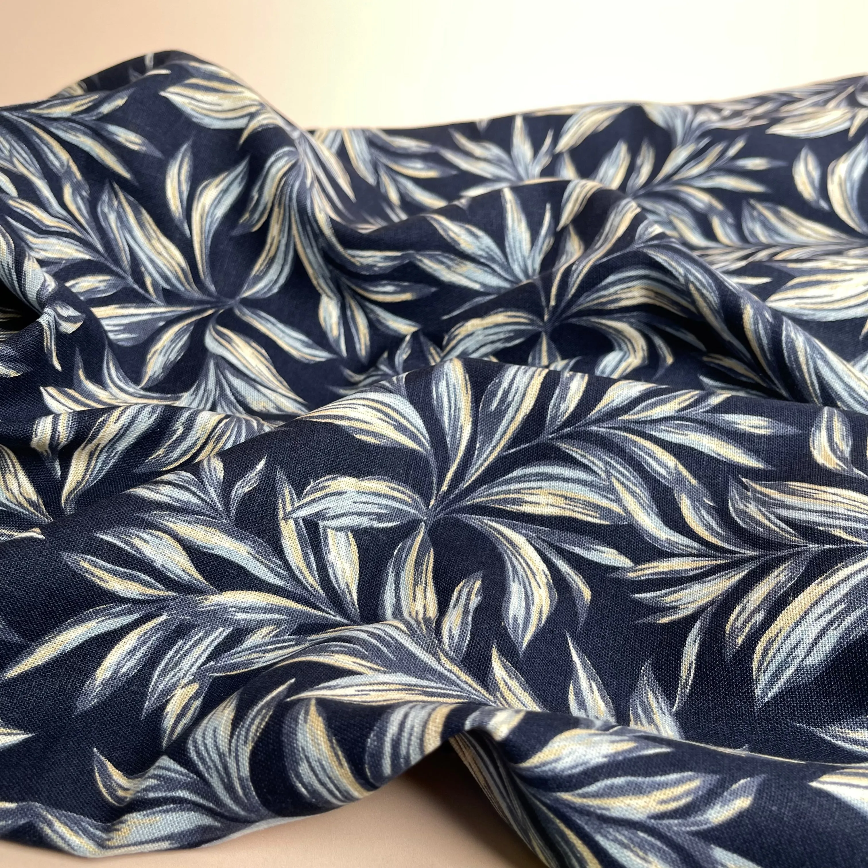 Leaves on Navy Washed Linen Viscose Blend Fabric