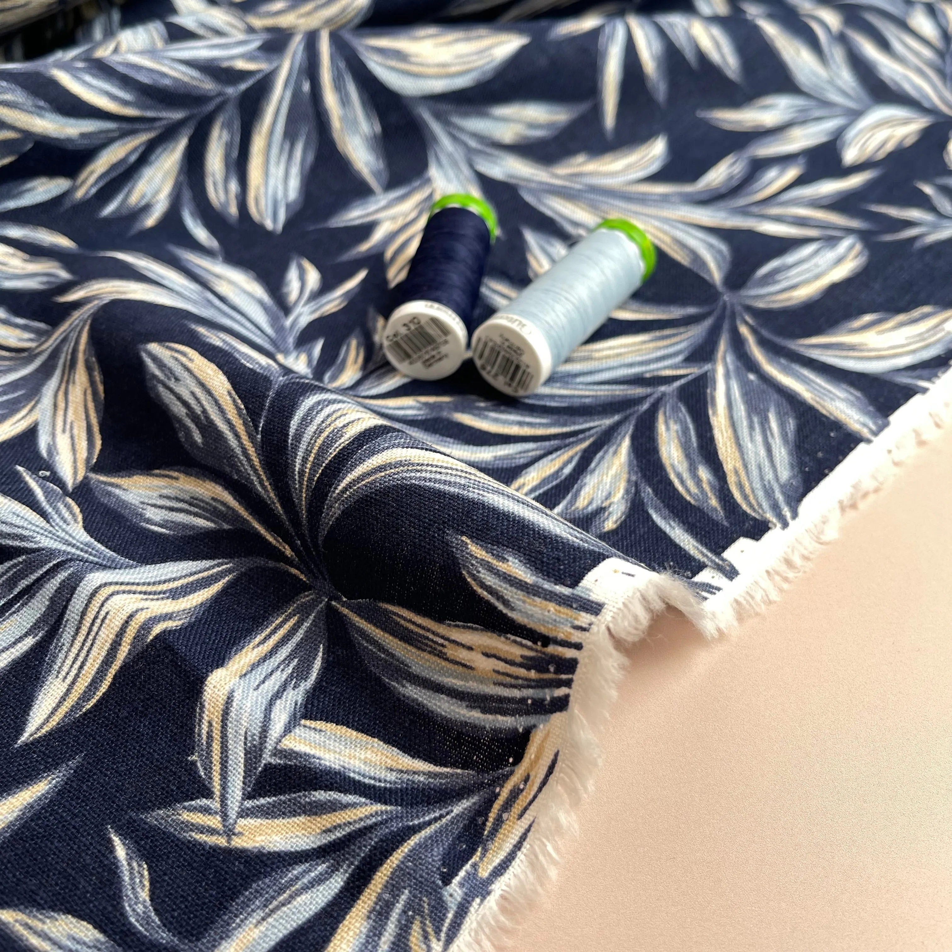 Leaves on Navy Washed Linen Viscose Blend Fabric