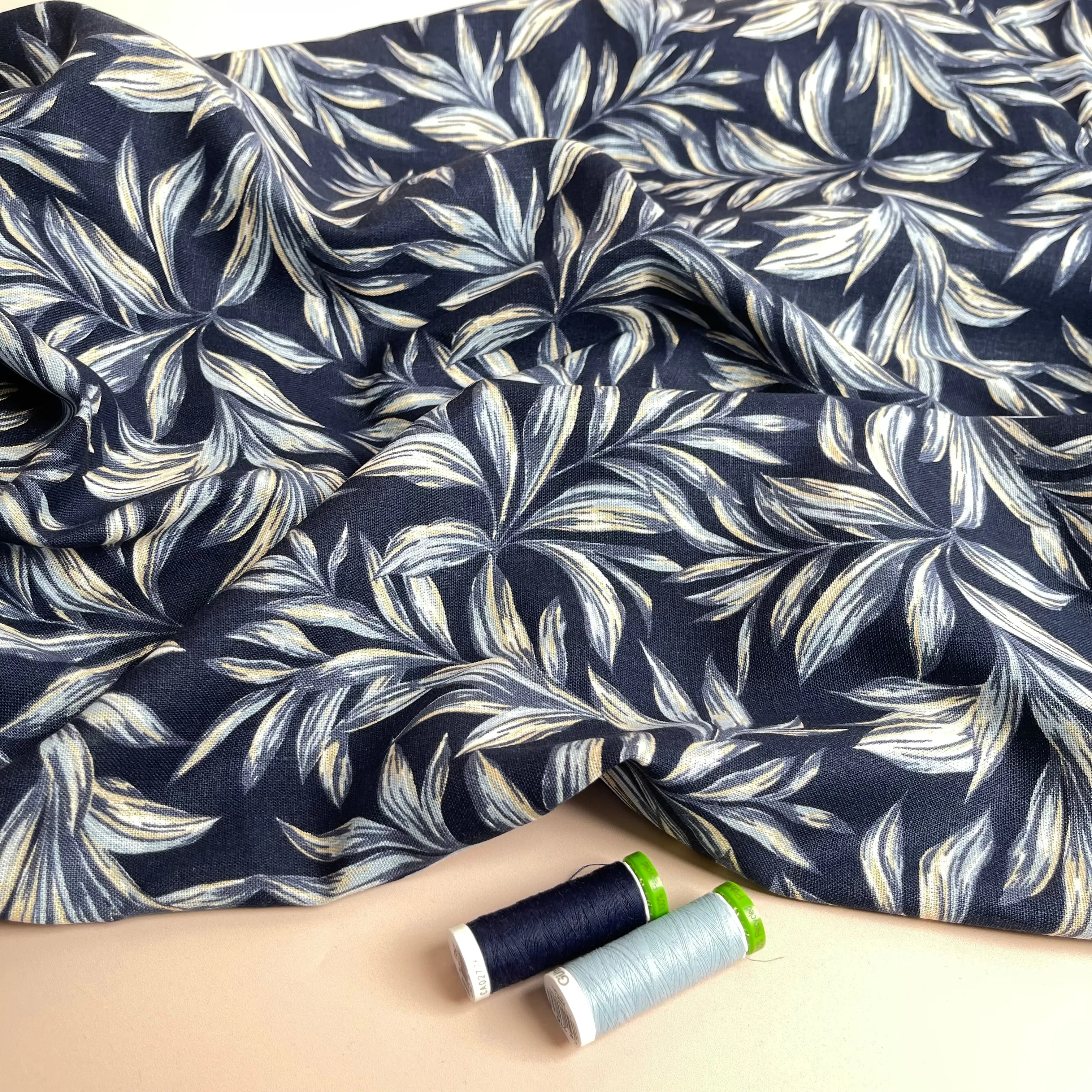 Leaves on Navy Washed Linen Viscose Blend Fabric