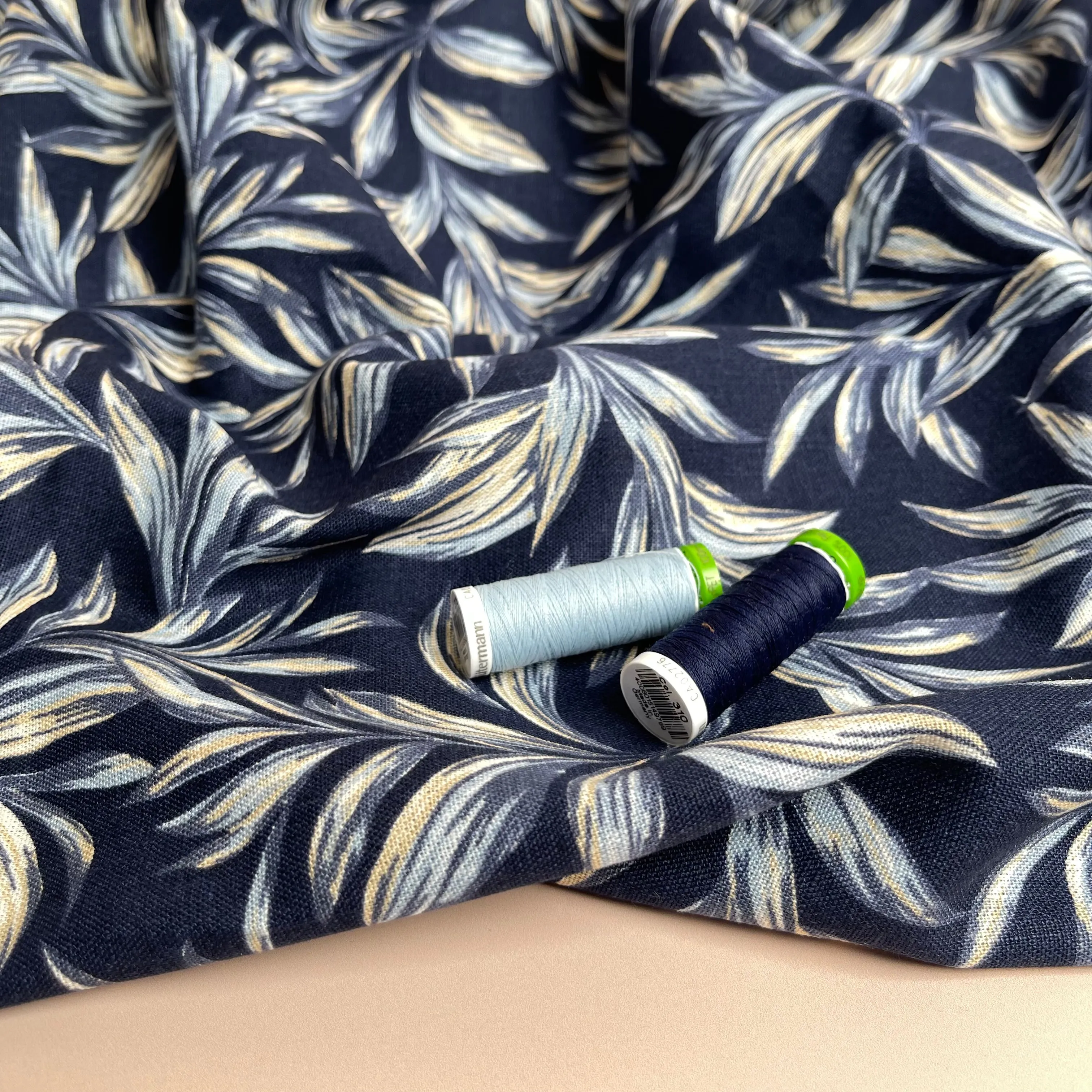 Leaves on Navy Washed Linen Viscose Blend Fabric