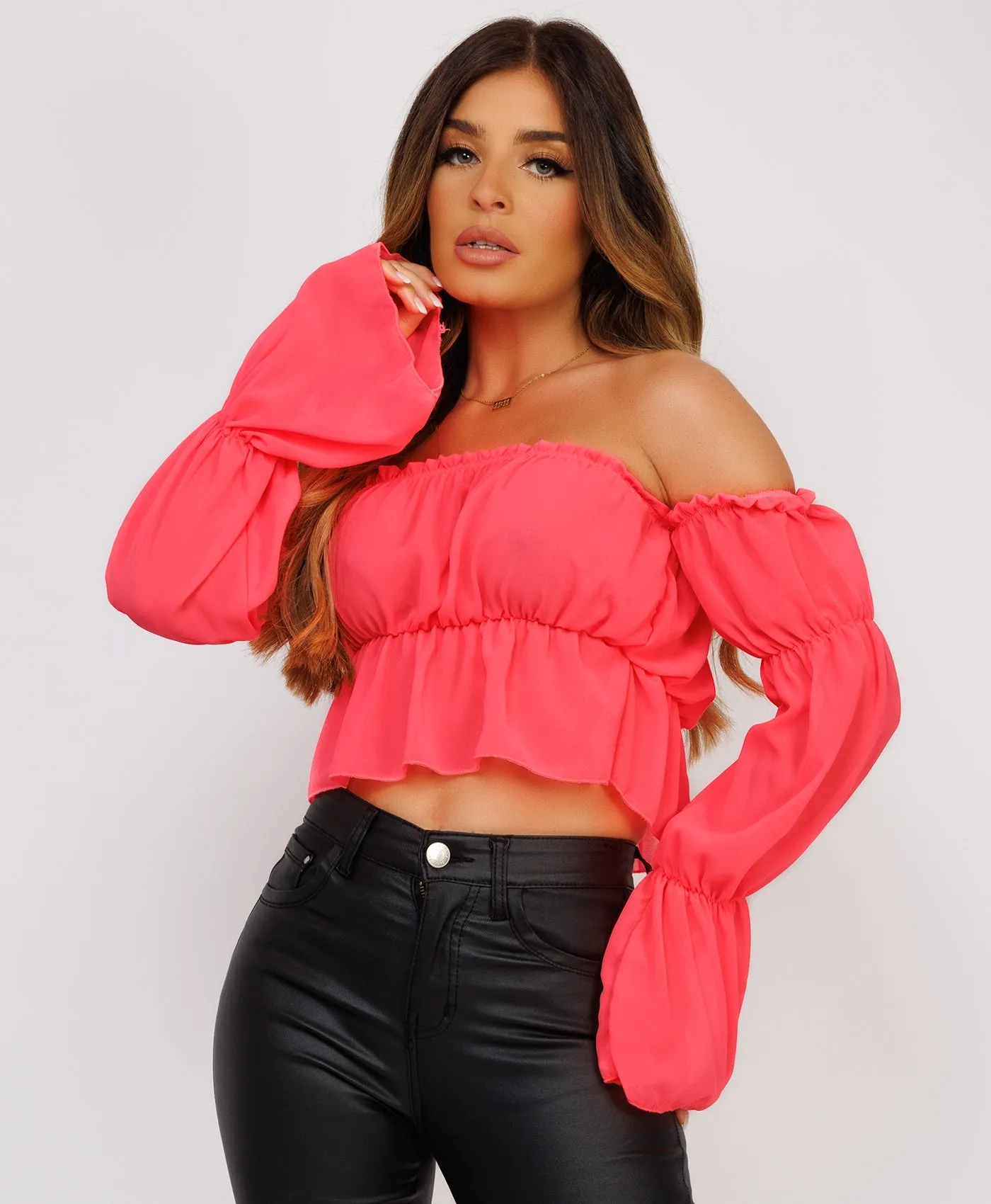 Neon Pink Bardot Ruffle Frill Ruched Crop Top