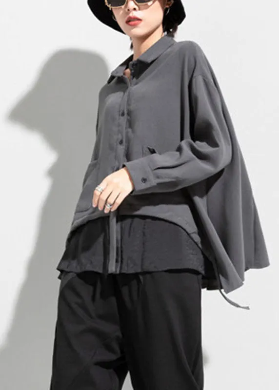 New Grey Pockets drawstring asymmetrical design Fall Long sleeve Top