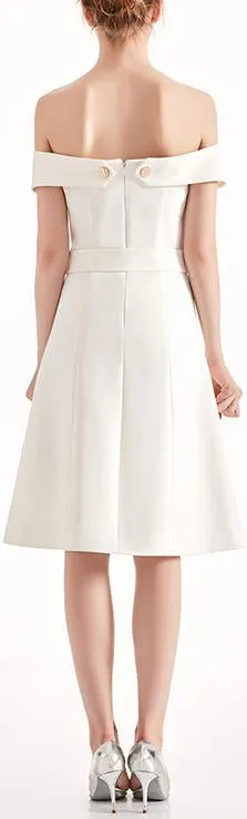 Off-The-Shoulder Button-Embellished Dress, White