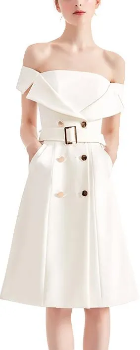 Off-The-Shoulder Button-Embellished Dress, White