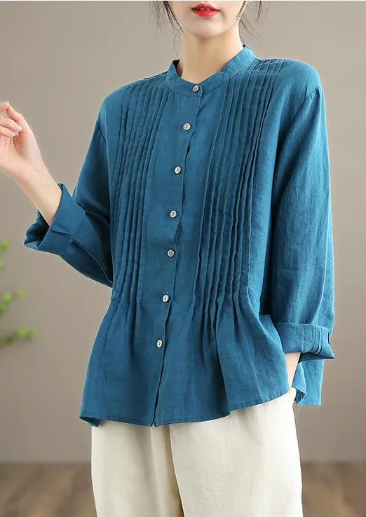 Organic Blue Spring Linen Shirt Tunics Casual Cotton Blouse