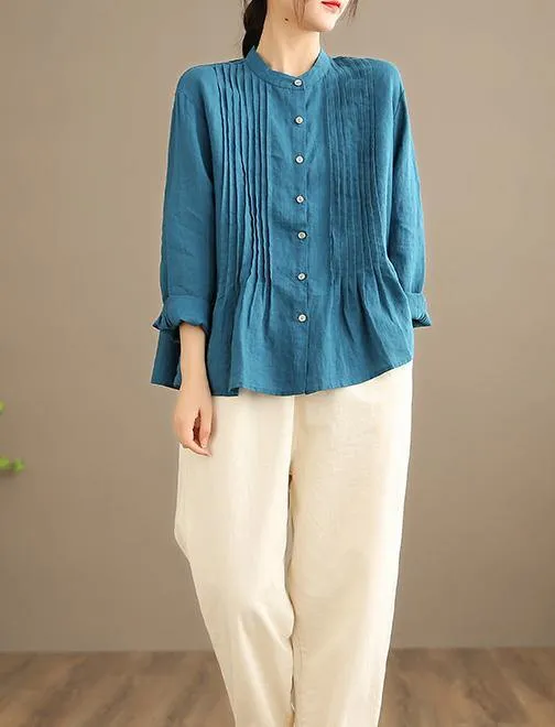 Organic Blue Spring Linen Shirt Tunics Casual Cotton Blouse