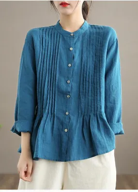 Organic Blue Spring Linen Shirt Tunics Casual Cotton Blouse