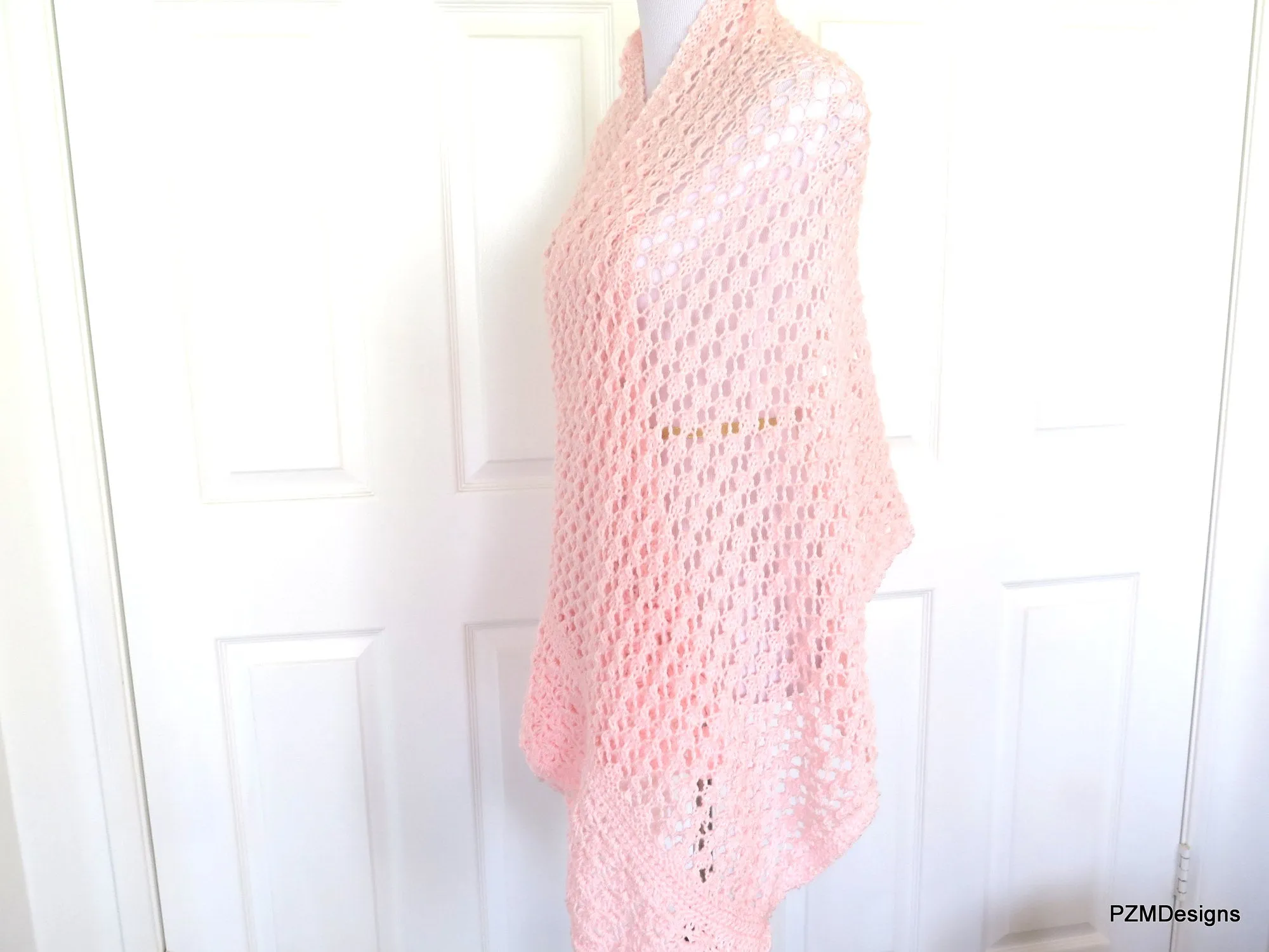 Pink Knit Lace Shawl, Bridal Shawl, Prayer Shawl