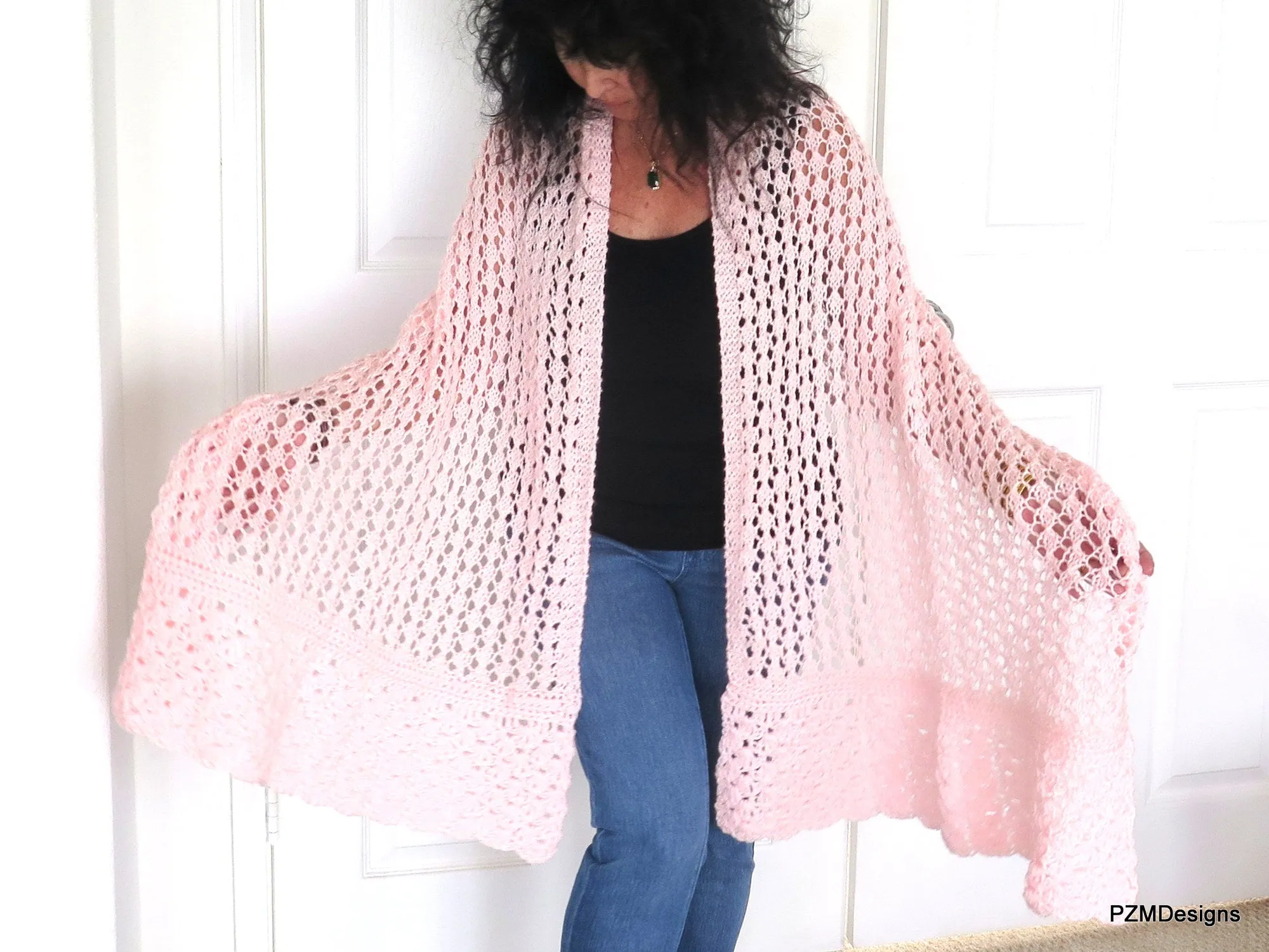 Pink Knit Lace Shawl, Bridal Shawl, Prayer Shawl