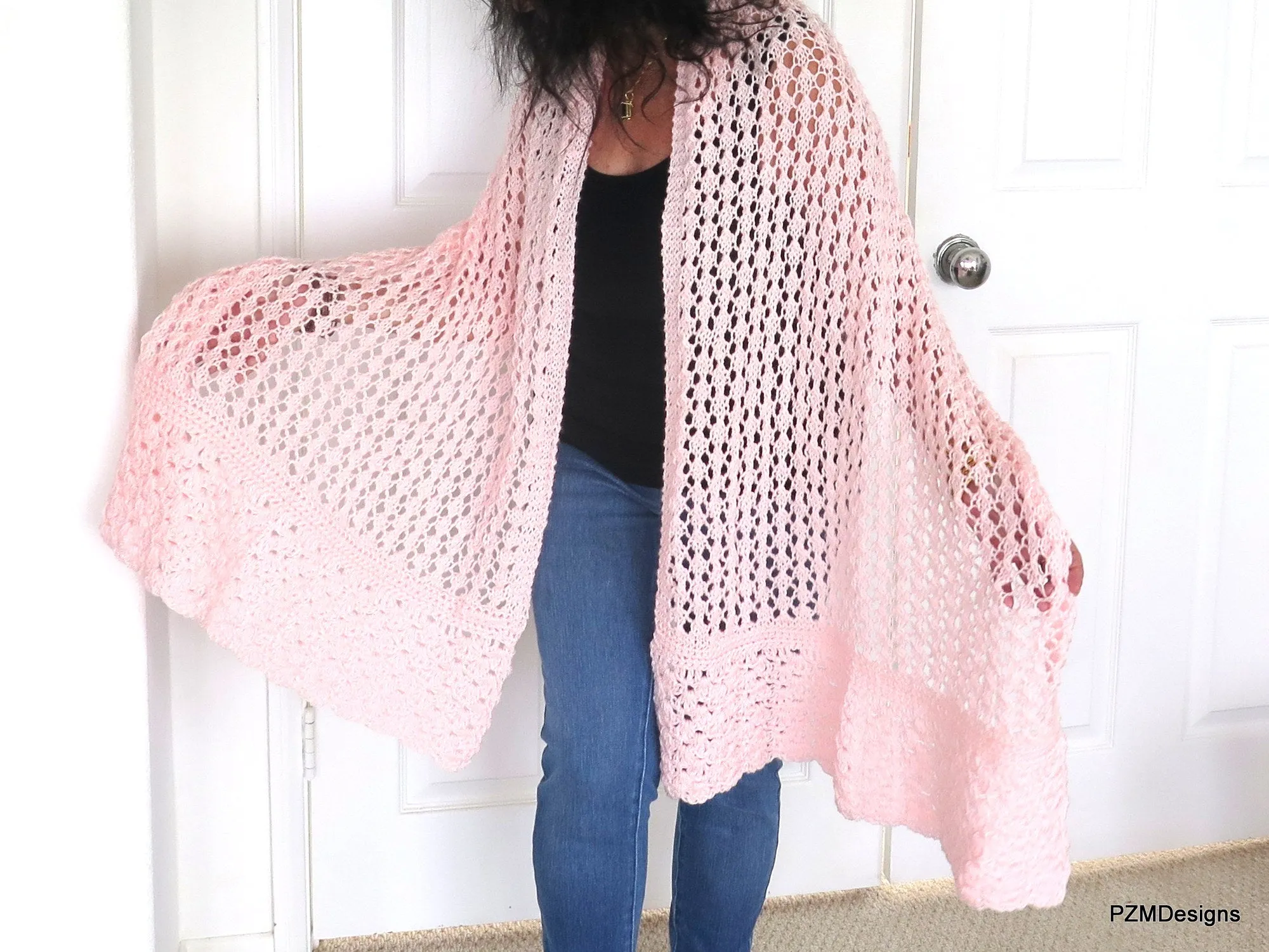 Pink Knit Lace Shawl, Bridal Shawl, Prayer Shawl