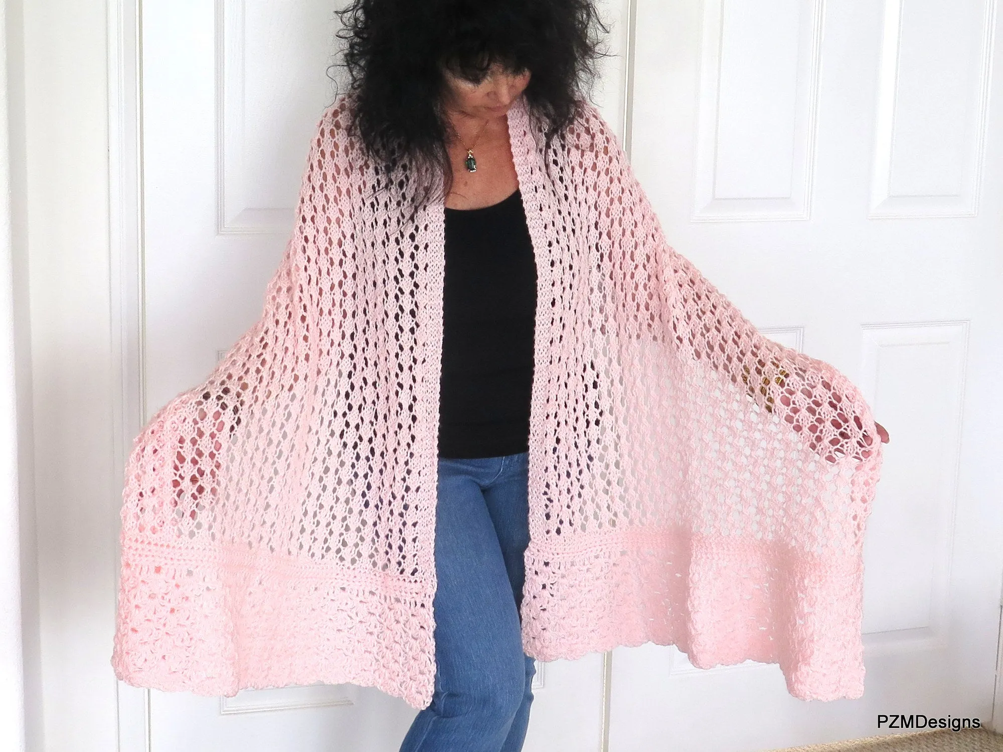 Pink Knit Lace Shawl, Bridal Shawl, Prayer Shawl