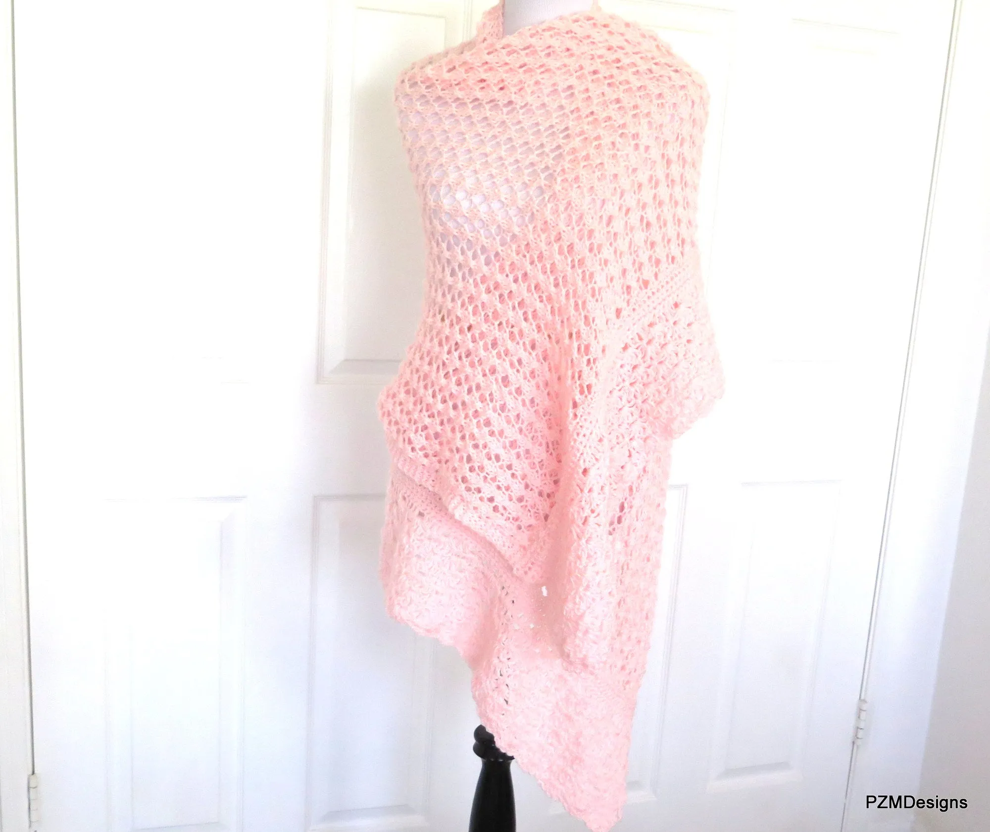 Pink Knit Lace Shawl, Bridal Shawl, Prayer Shawl