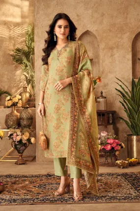 Pista Green Floral Printed Dola Silk Kurta Pants Set