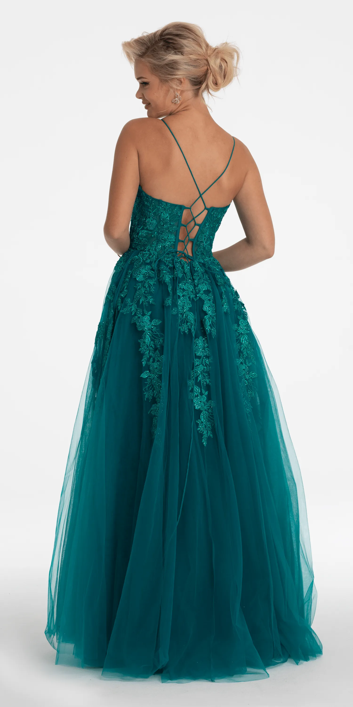 Plunging Embroidered Tulle Lace Up Back Ballgown