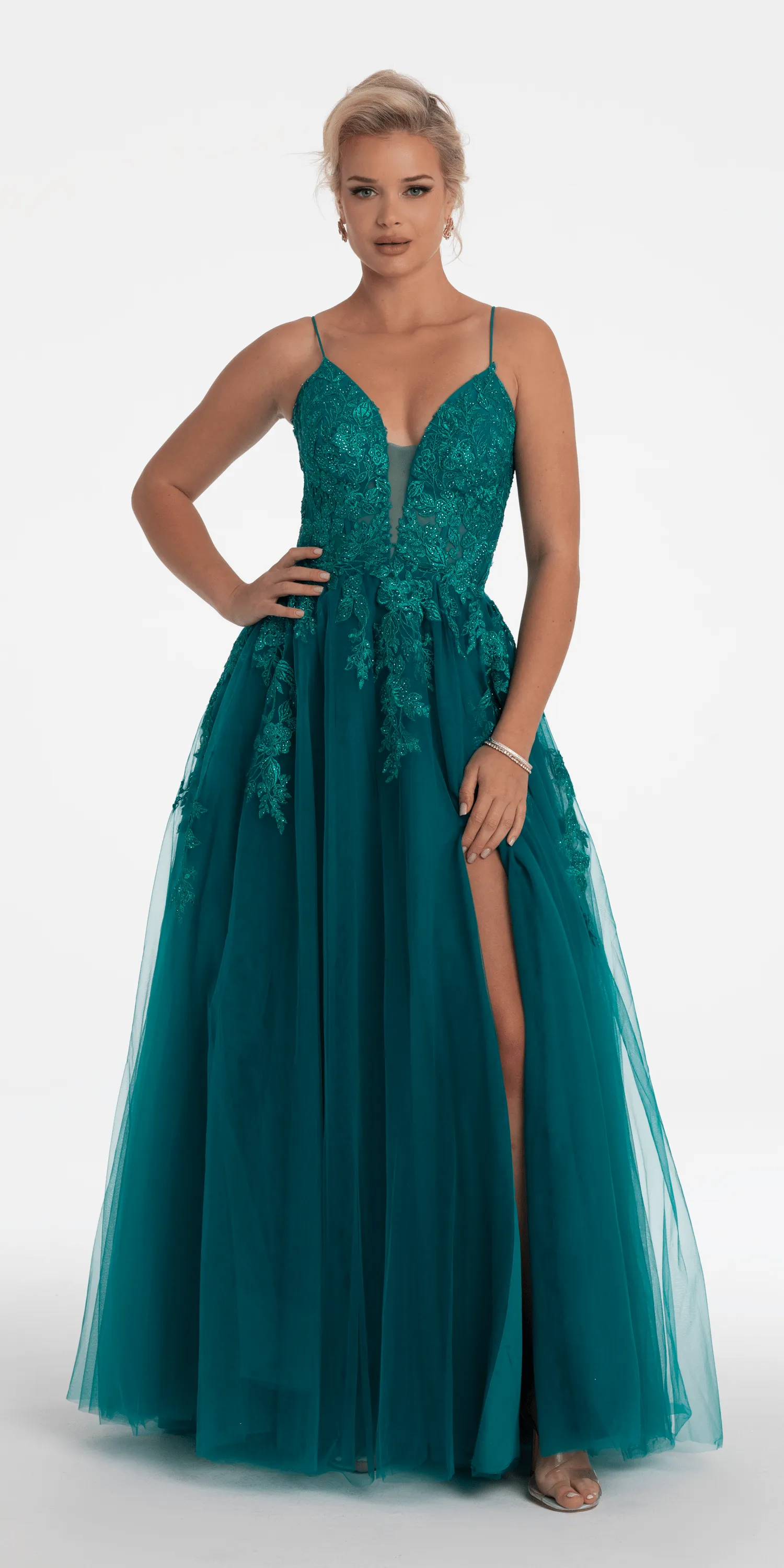 Plunging Embroidered Tulle Lace Up Back Ballgown