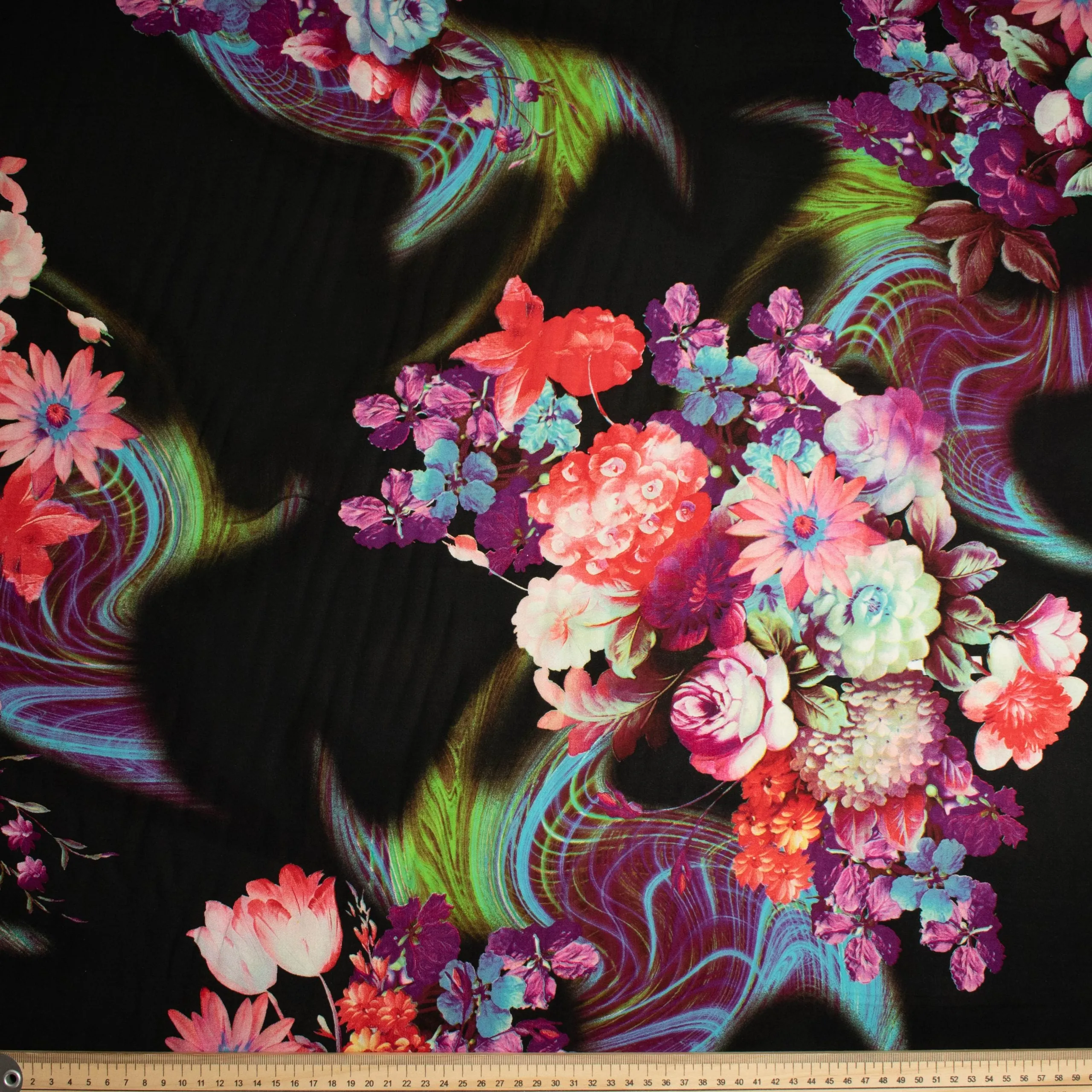 Printed Rayon Design-21 Baby Pink & Blue Flower Bloom on Black