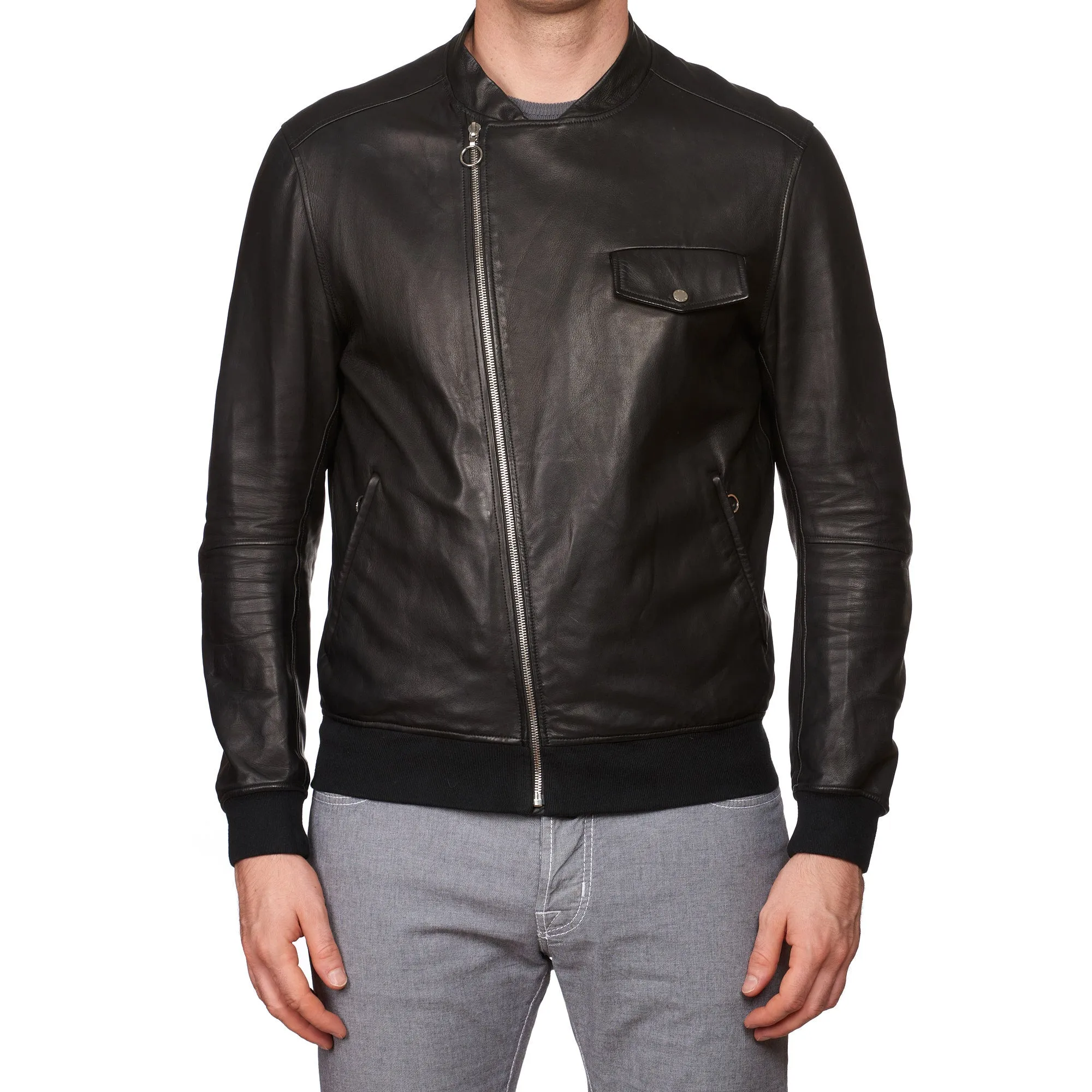 SERAPHIN Black Lamb Leather Unlined Asymmetrical Biker Motorcycle Jacket FR 50 US M