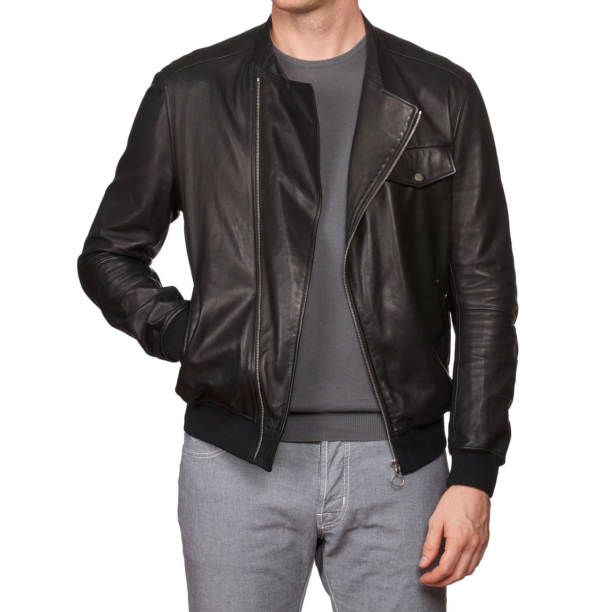 SERAPHIN Black Lamb Leather Unlined Asymmetrical Biker Motorcycle Jacket FR 50 US M