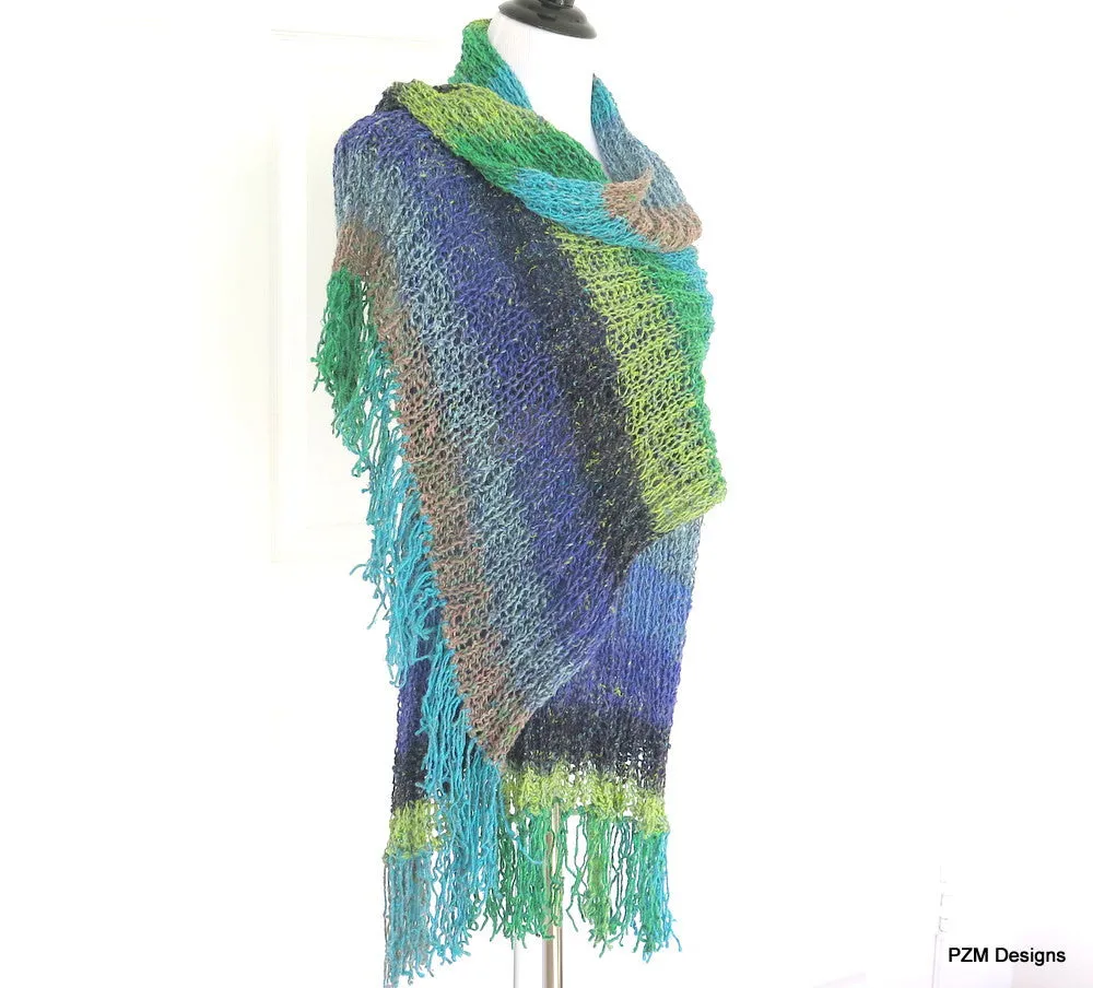 Silk Fringed Shawl, Multi Color Hand Knit Shawl, Gift for Her