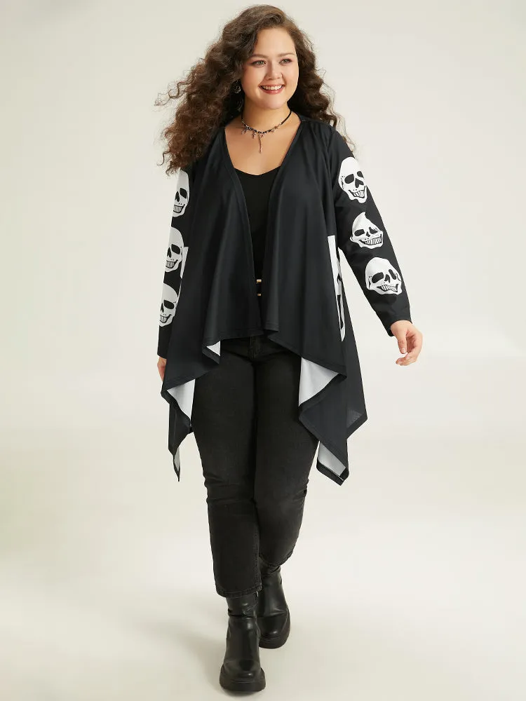 Skull Print Asymmetrical Hem Drape Kimono