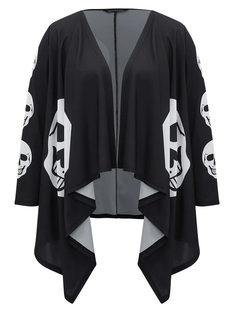 Skull Print Asymmetrical Hem Drape Kimono