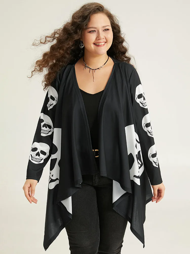 Skull Print Asymmetrical Hem Drape Kimono